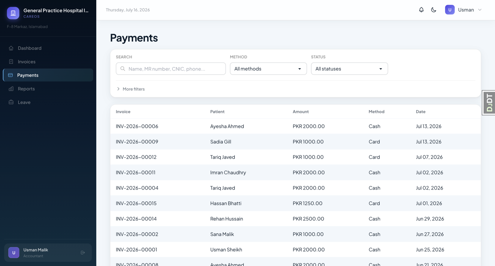 Billing and insurance screenshot